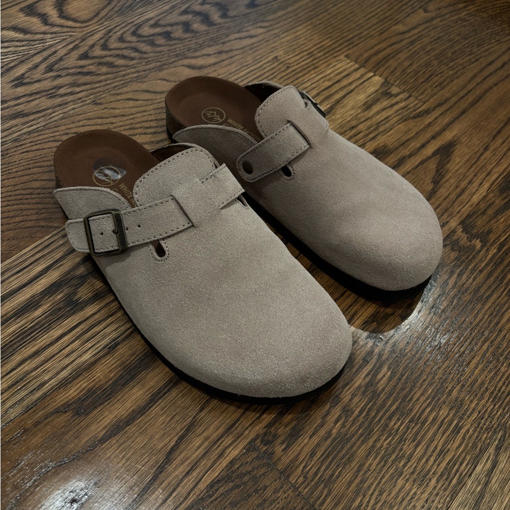 white mountain footbeds suede taupe clogs